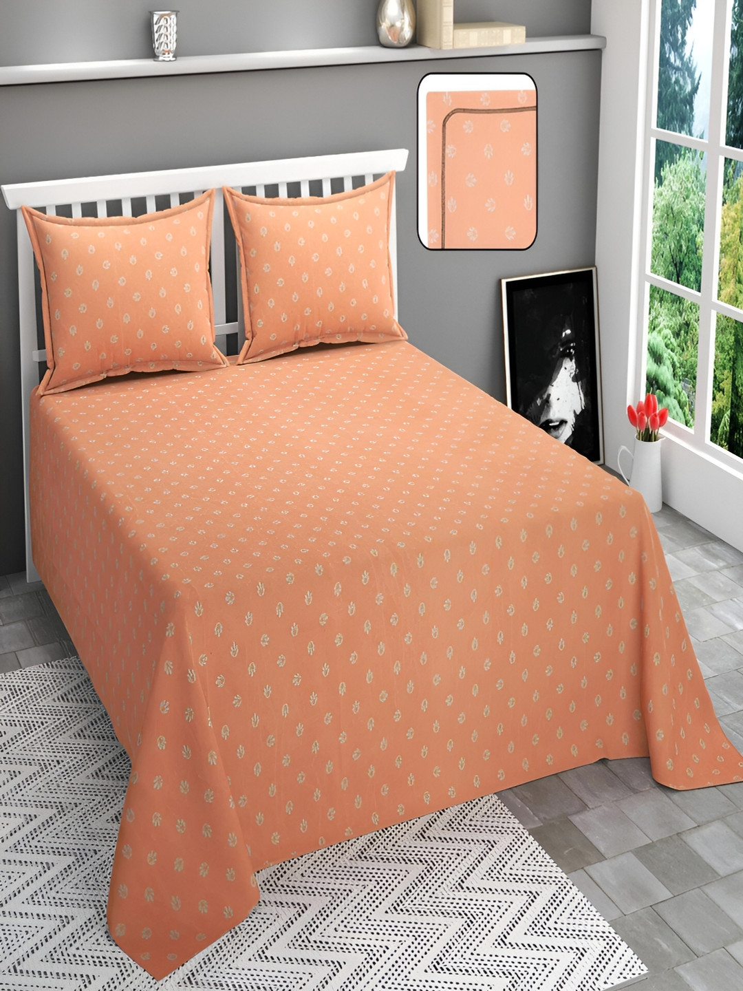 Bromwick Peach Floral Cotton 210 TC Queen Fine Bedsheet with 2 Pillow Covers-90 x 100 inches