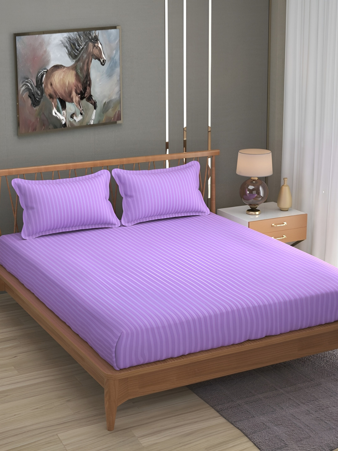 Bromwick Lavender Striped Cotton 210 TC Queen Superfine Bedsheet with 2 Pillow Covers-87 x 98 inches