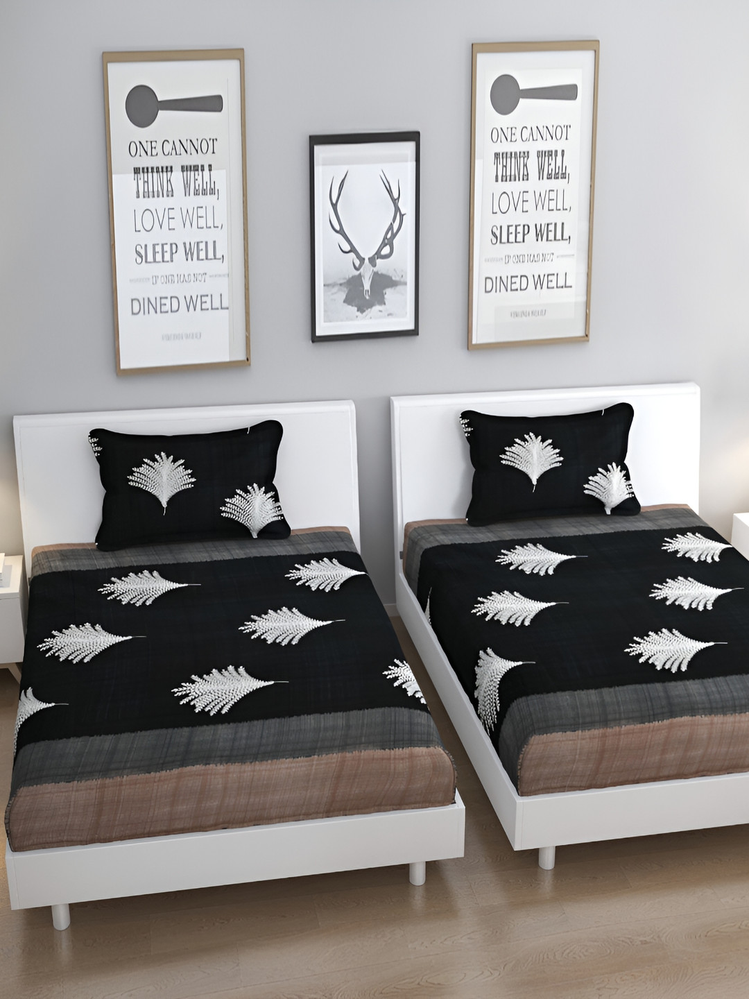 Bromwick Black Leaf Cotton Breathable 210 TC Single Fine 2 Bedsheet with 2 Pillow Covers-90 x 60 inches