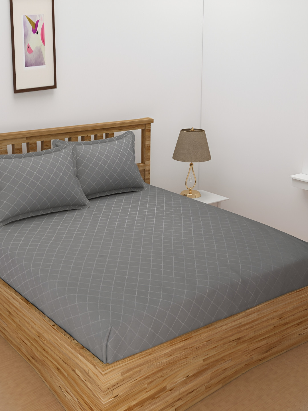 Bromwick Grey Geometric Cotton 210 TC Fitted Crib Fine Bedsheet with 2 Pillow Covers-182 x 198 x 15.2 cm