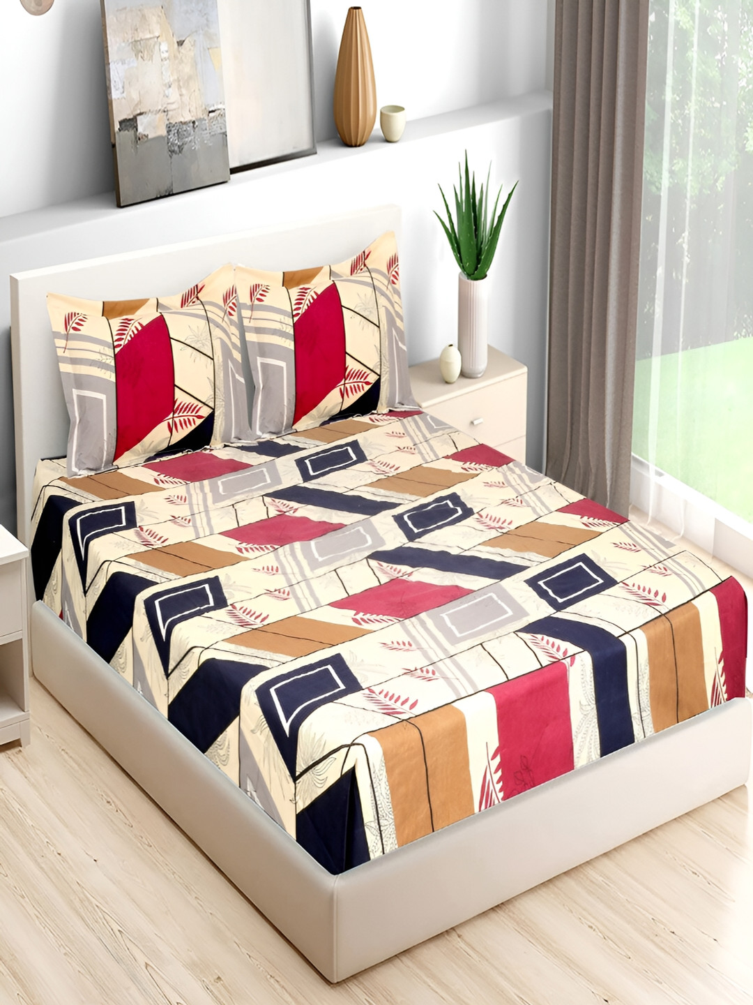 Bromwick Zigzag Red Abstract Cotton 210 TC Queen Fine Bedsheet with 2 Pillow Covers-228 x 254 cm