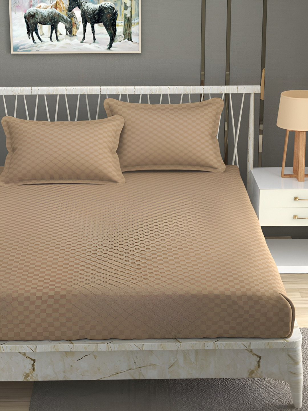 Bromwick Beige Geometric Cotton Dotted 210 TC Queen Fine Bedsheet with 2 Pillow Covers-89 x 100 inches