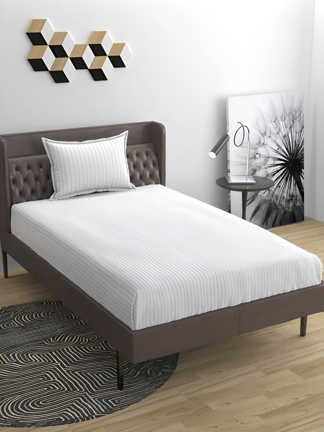 Bromwick White Striped Cotton 210 TC Single Fine Bedsheet with a Pillow Cover-90 x 60 inches