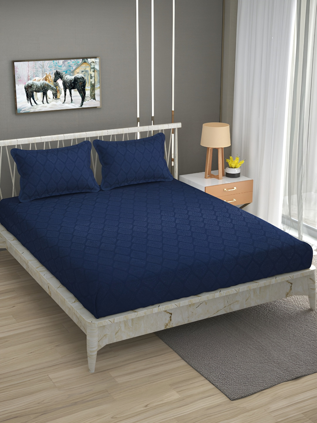 Bromwick Damask Navy Blue Geometric Cotton 210 TC Queen Fine Bedsheet with 2 Pillow Covers-228 x 254 cm