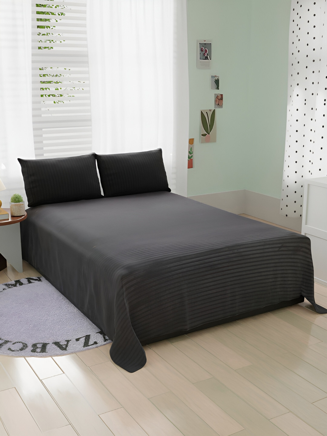 Bromwick Black Striped Cotton 210 TC Queen Fine Bedsheet with 2 Pillow Covers-90 x 100 inches