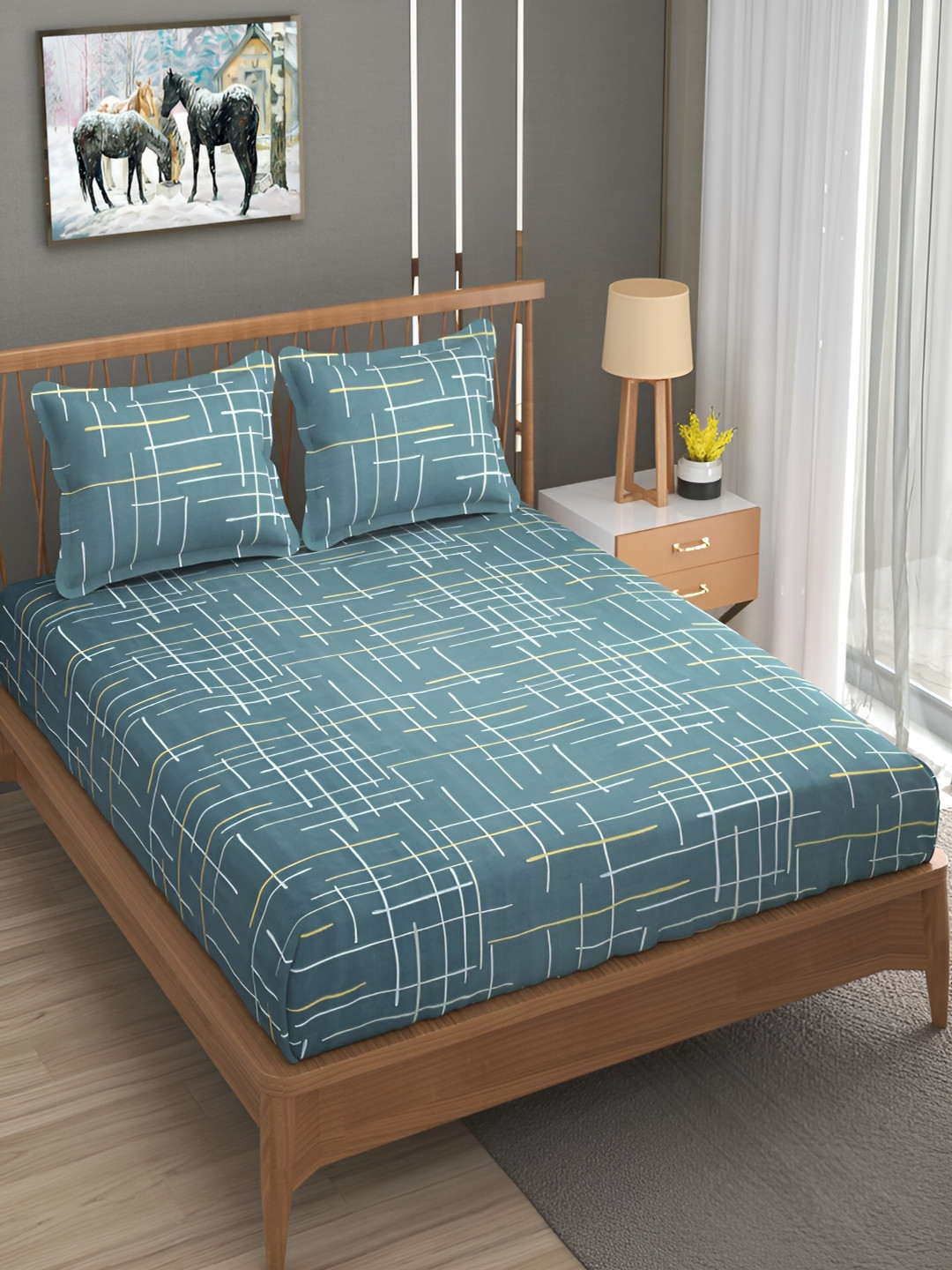 Bromwick Blue Striped Cotton 210 TC Queen Bedsheet with 2 Pillow Covers 110 GSM