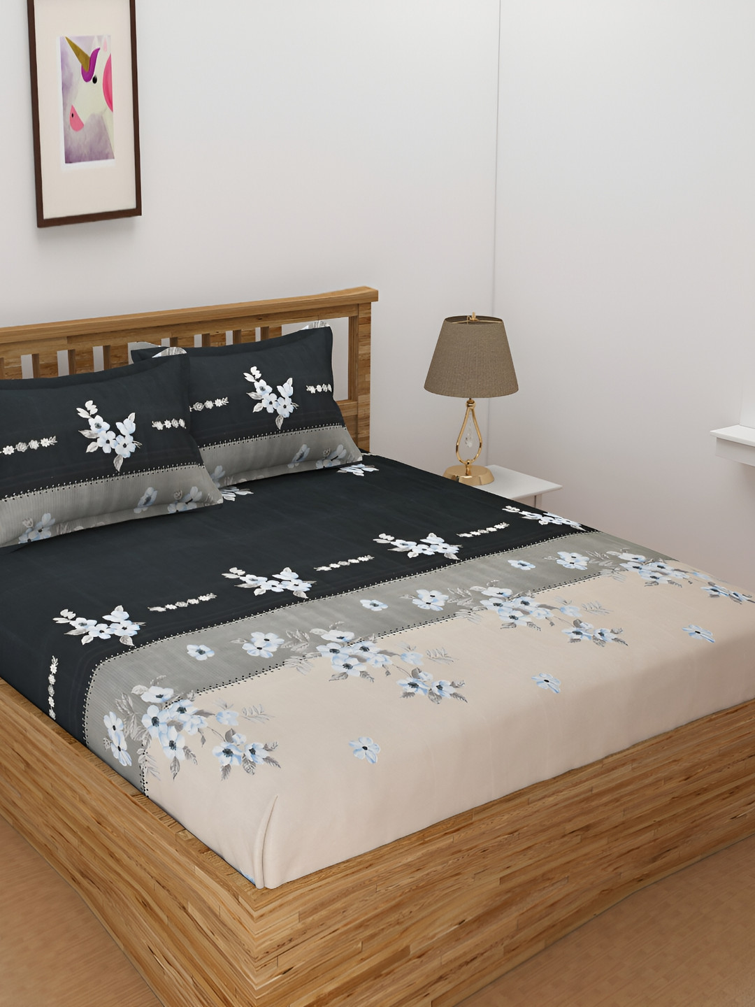Bromwick Black Floral Cotton 210 TC Fitted Crib Fine Bedsheet with 2 Pillow Covers-182 x 198 x 152 cm