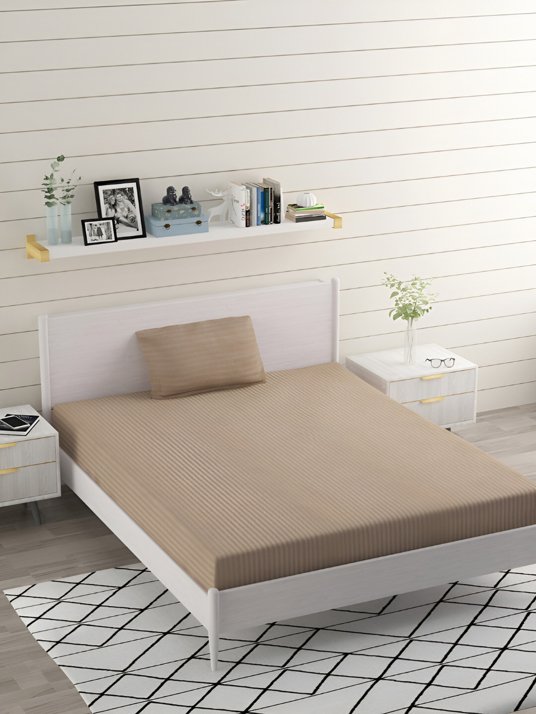 Bromwick Beige Striped Cotton 210 TC Single Fine Bedsheet with a Pillow Cover-90 x 60 inches