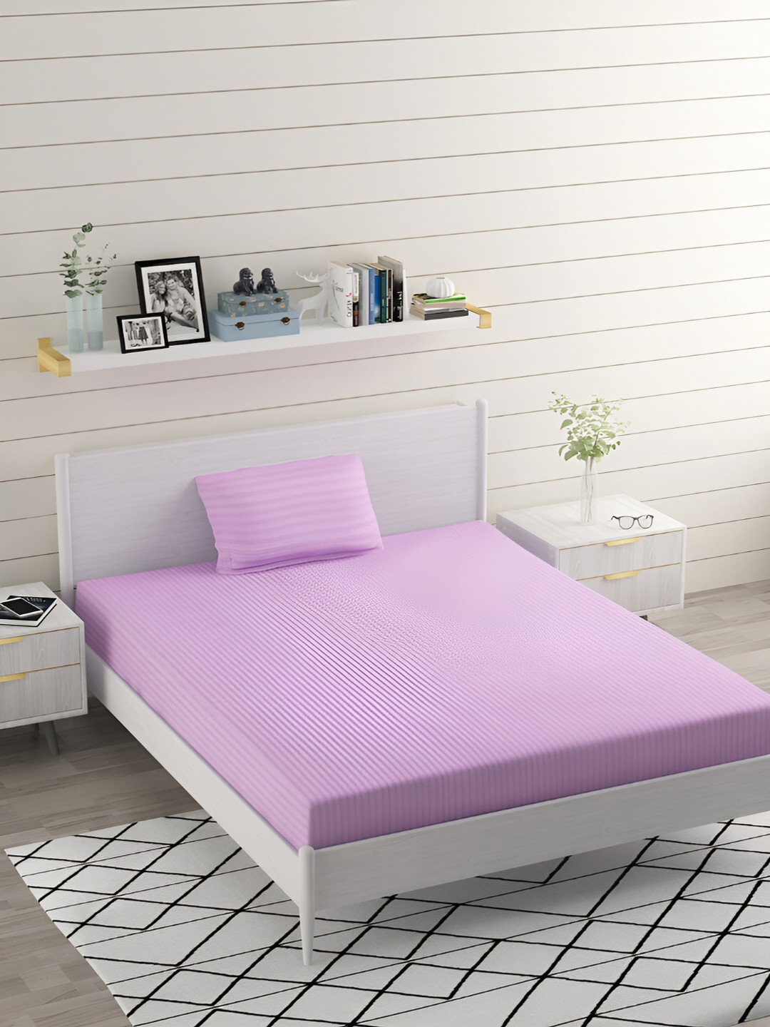 Bromwick Mausam Purple Striped Cotton 210 TC Single Fine Bedsheet with a Pillow Cover-90 x 60 inches
