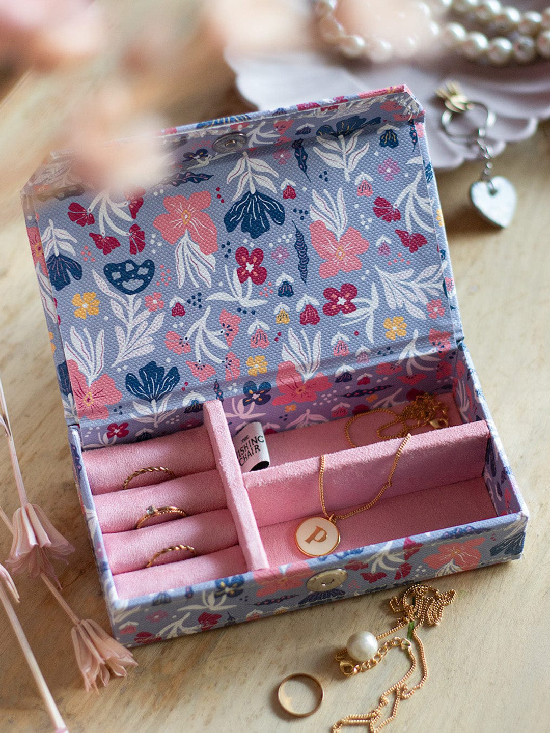 The Wishing Chair Grey & White Floral Printed Bamboo Jewellery Box