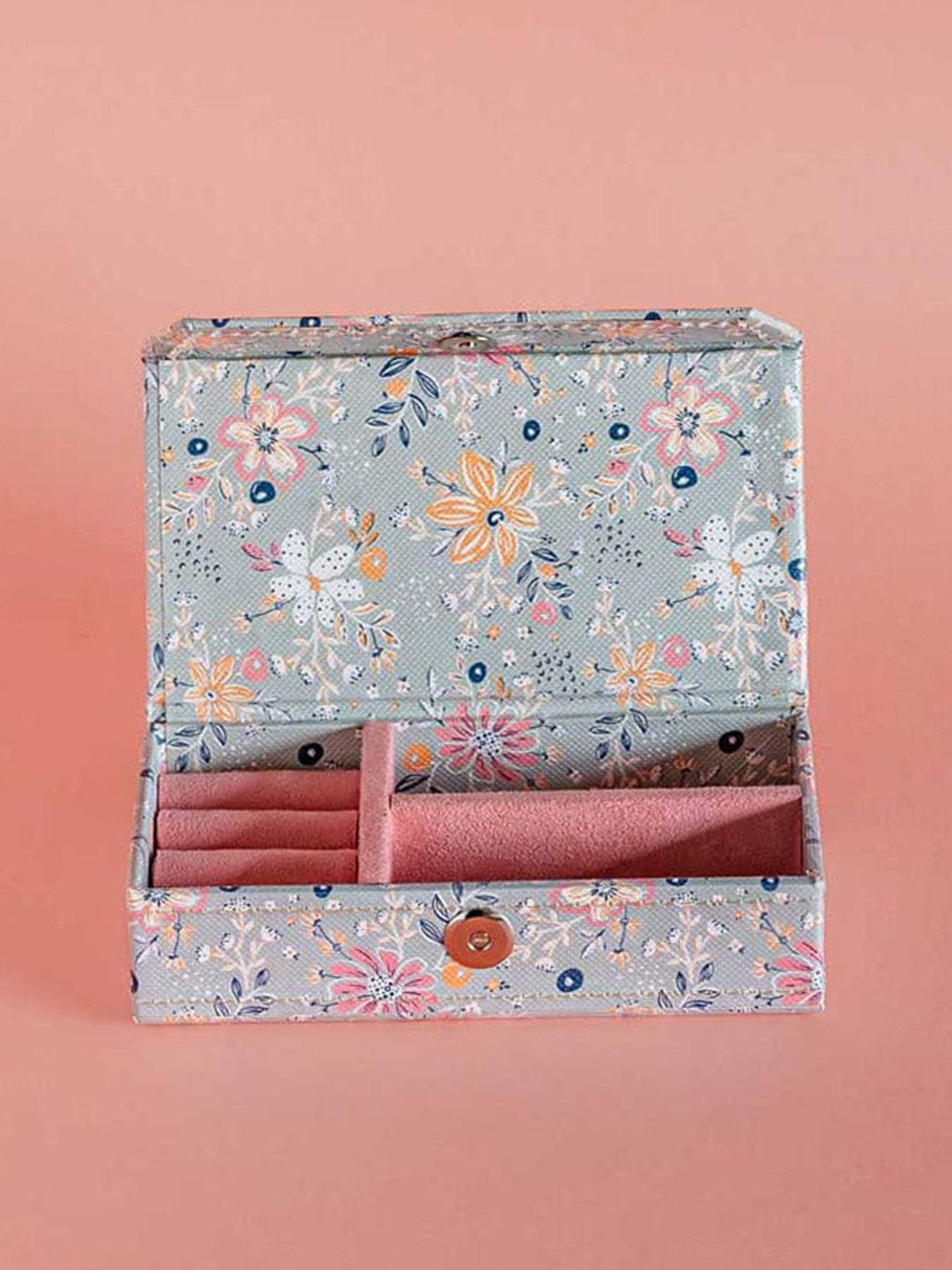 The Wishing Chair Grey & Pink Floral Printed Bamboo Jewellery Box