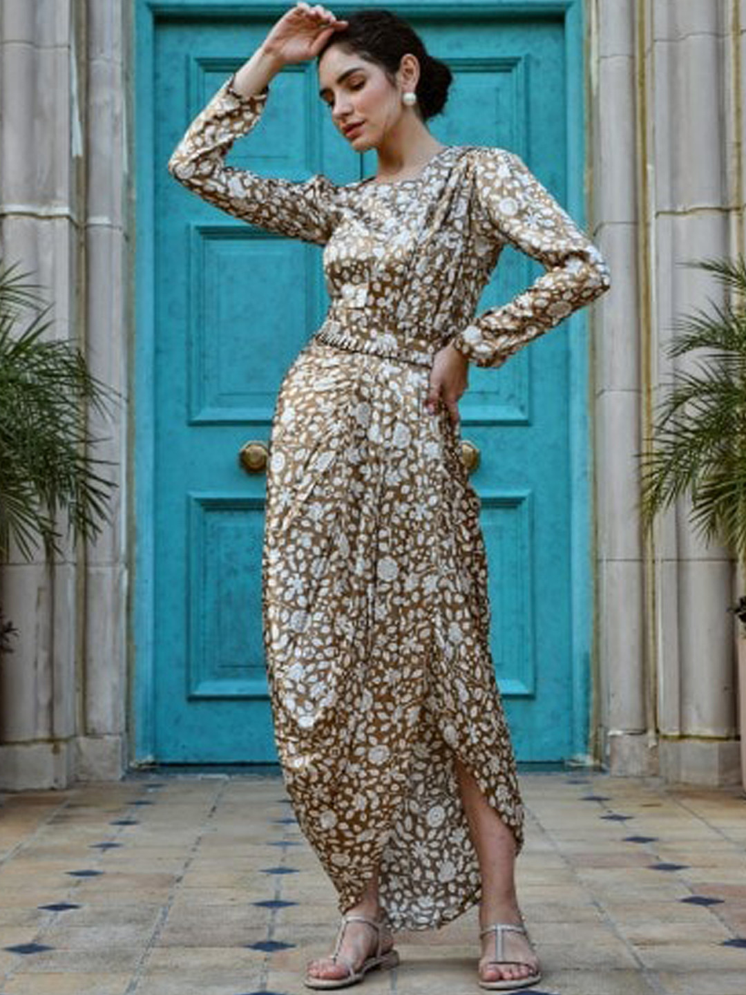 KARAJ JAIPUR Brown and White Printed Pre Draped Saree