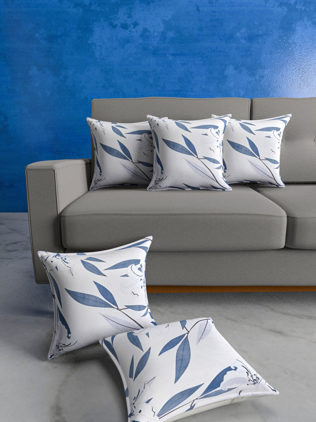 Urban Magic Grey & Blue 5 Pieces Floral Printed Square Cushion Covers
