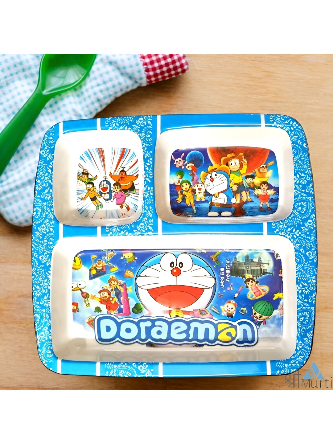 Shree Murti White & Blue Doremon 3 Sectioned Printed Melamine Glossy Plates