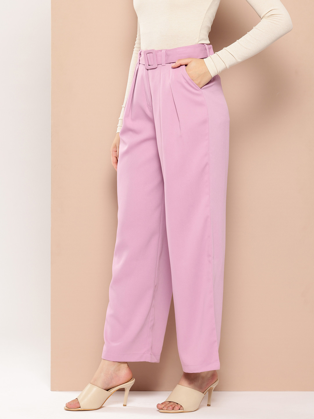 Chemistry Women High-Rise Pleated Smart Casual Trousers with Belt