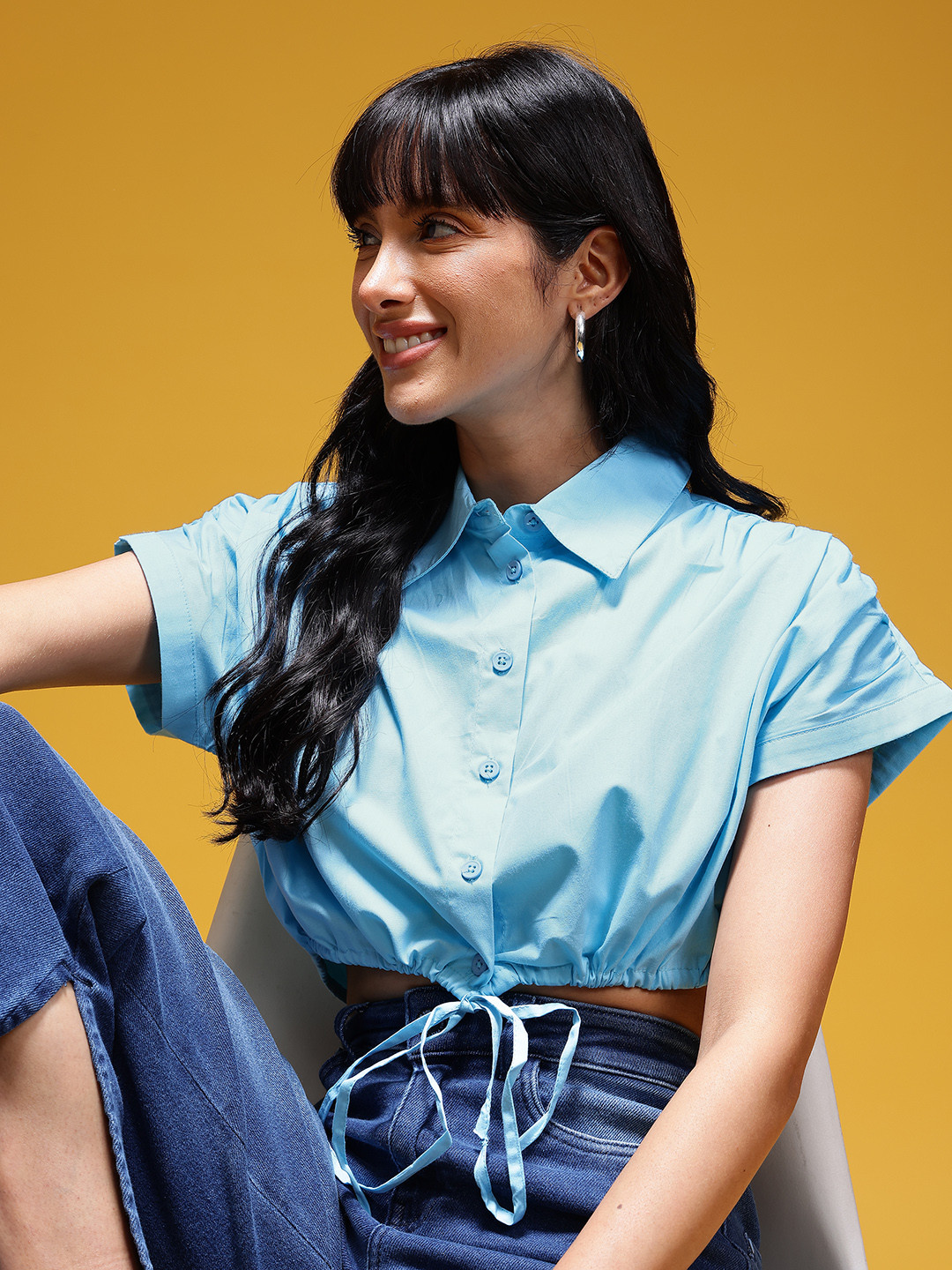 HERE&NOW Waist Tie-Up Pure Cotton Shirt Style Crop Top