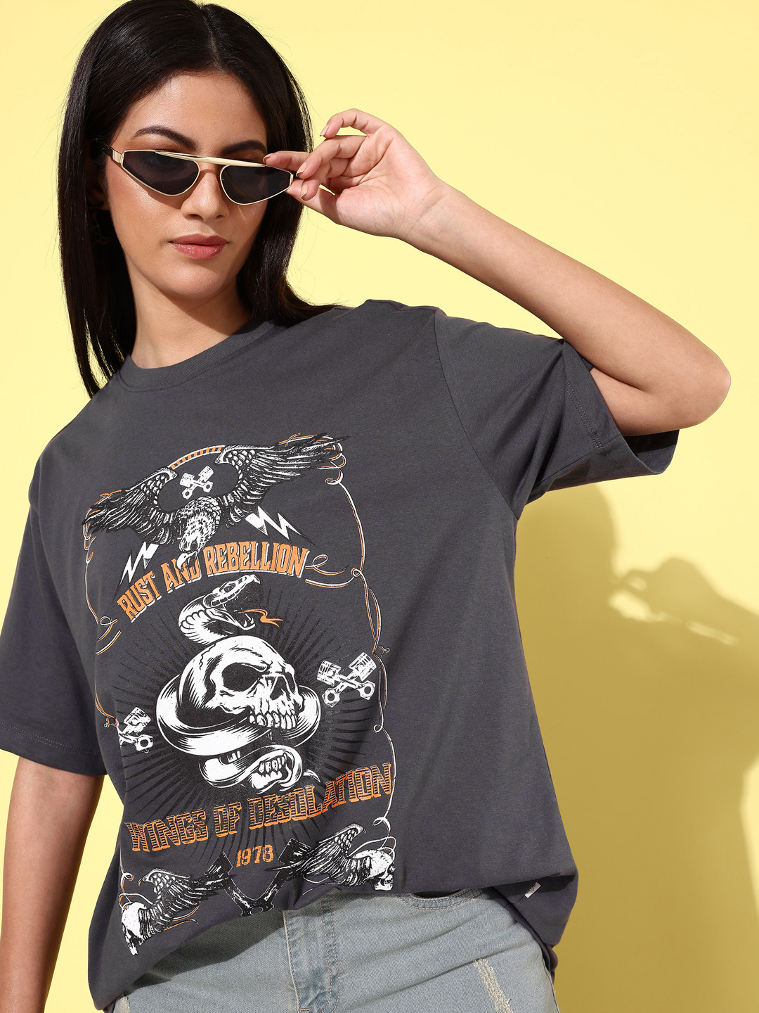 The Roadster Life Co. Printed Drop-Shoulder Sleeves Oversized T-shirt