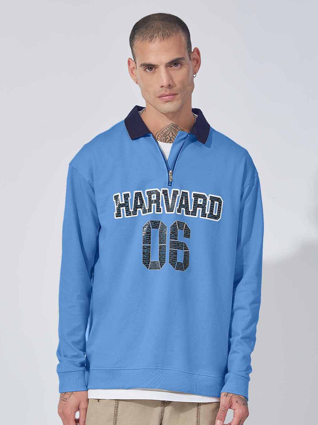 Maniac Alphanumeric Printed Polo Collar Long Sleeves Zip Detail Cotton Pullover Sweatshirt