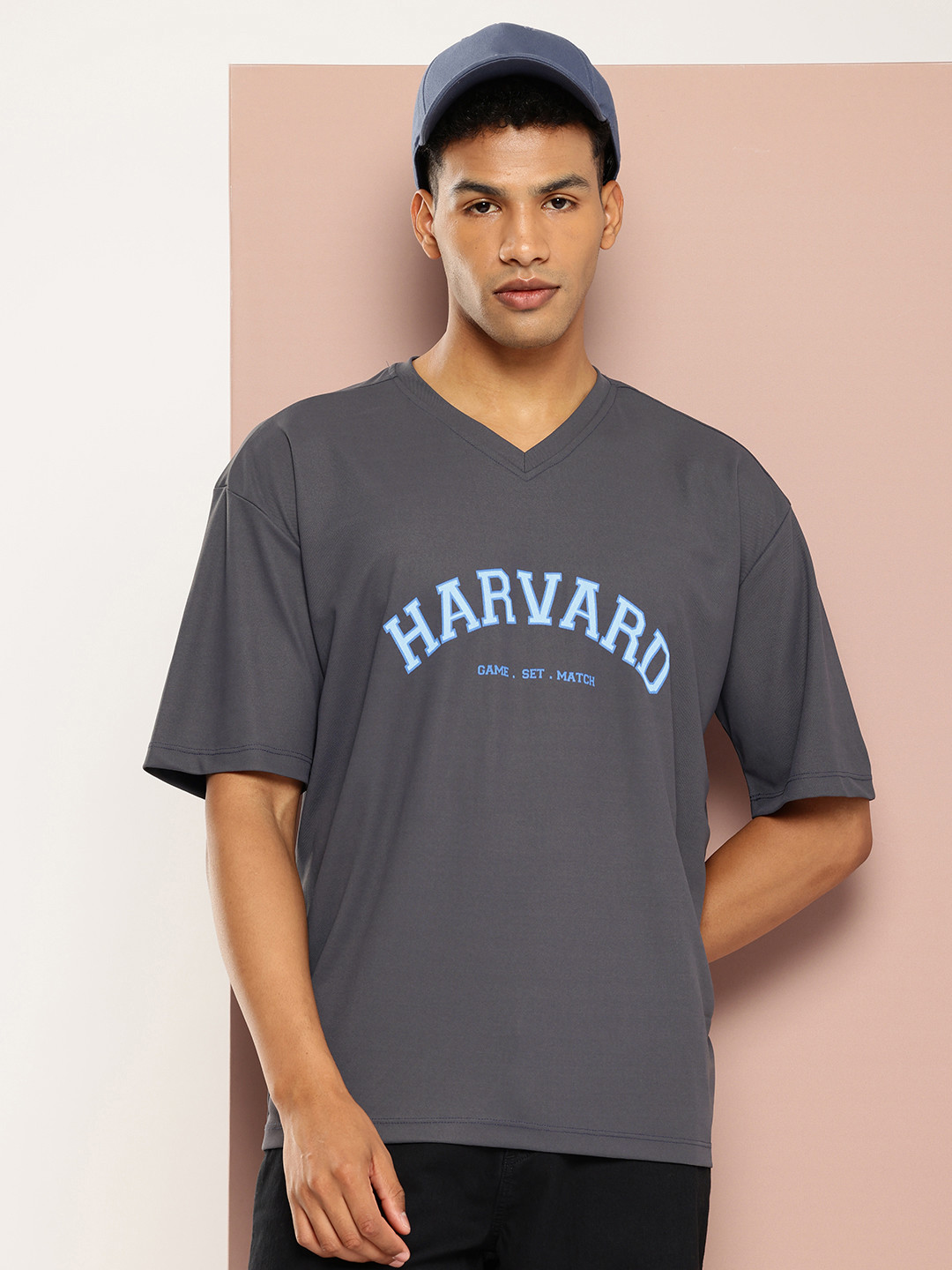Harvard Brand Logo Printed V-Neck Drop-Shoulder Sleeves Oversized T-shirt