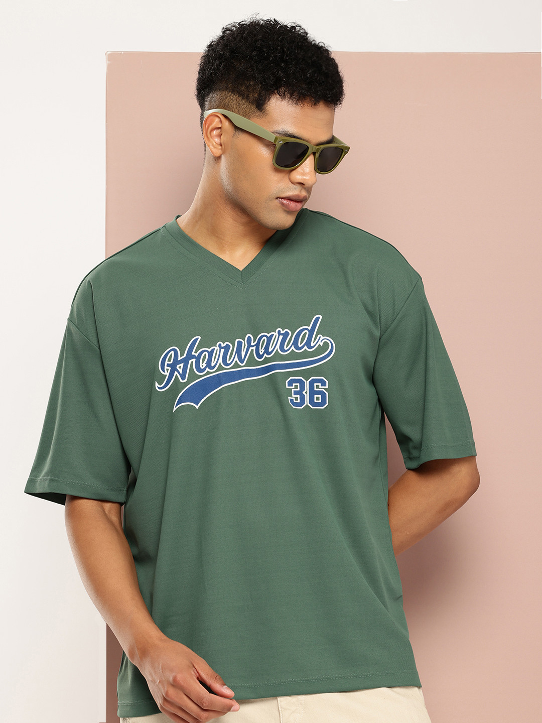 Harvard Brand Logo Printed V-Neck Drop-Shoulder Sleeves Oversized T-shirt