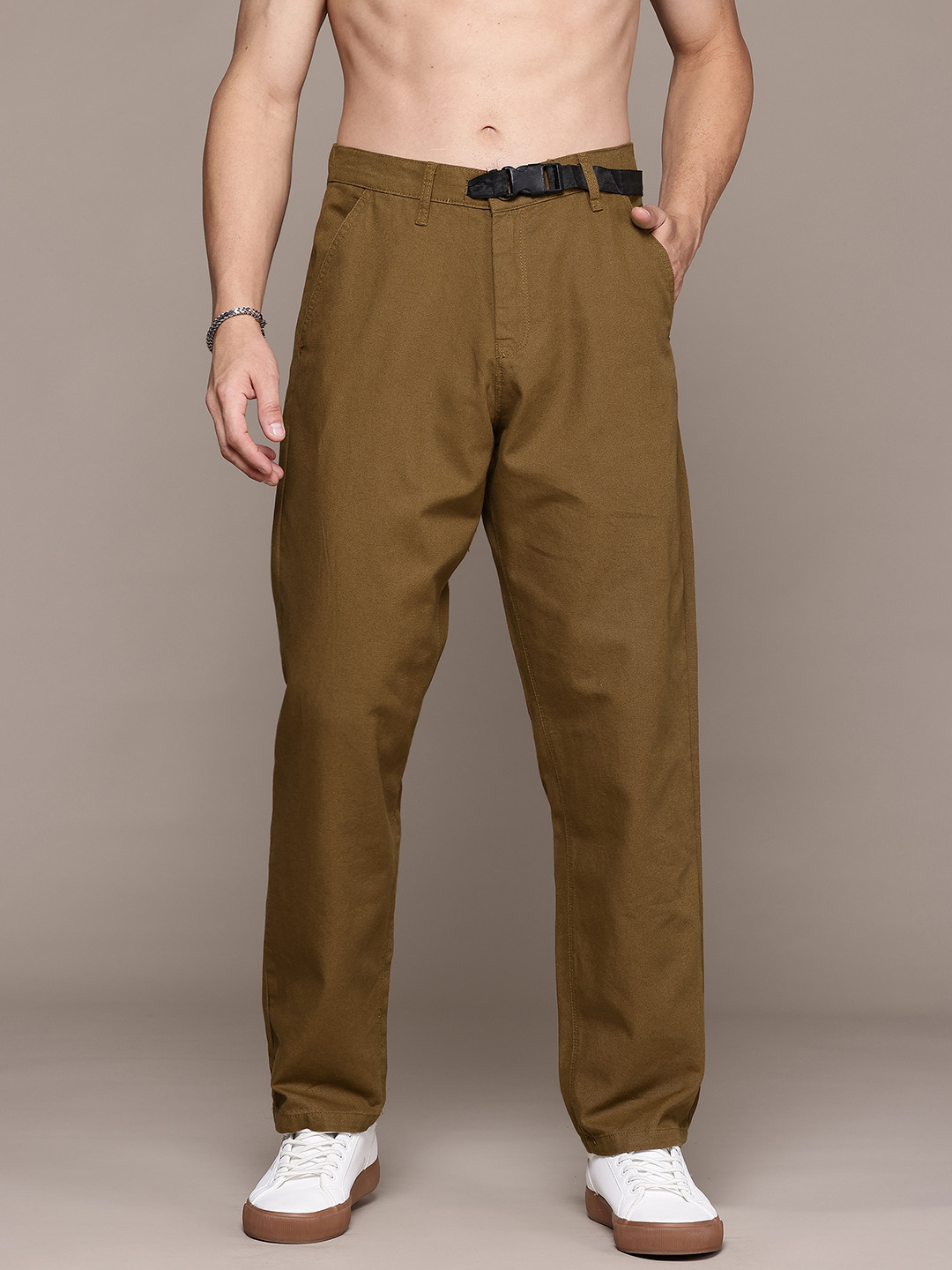 The Roadster Lifestyle Co. Men Buckle Detail Cotton Relaxed Fit Trousers