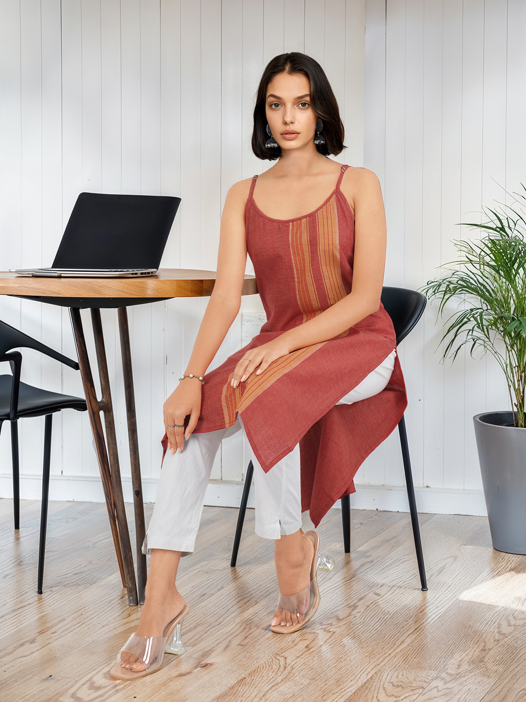 Taavi Nagri Weaves Pure Cotton Shoulder Straps Striped Kurta