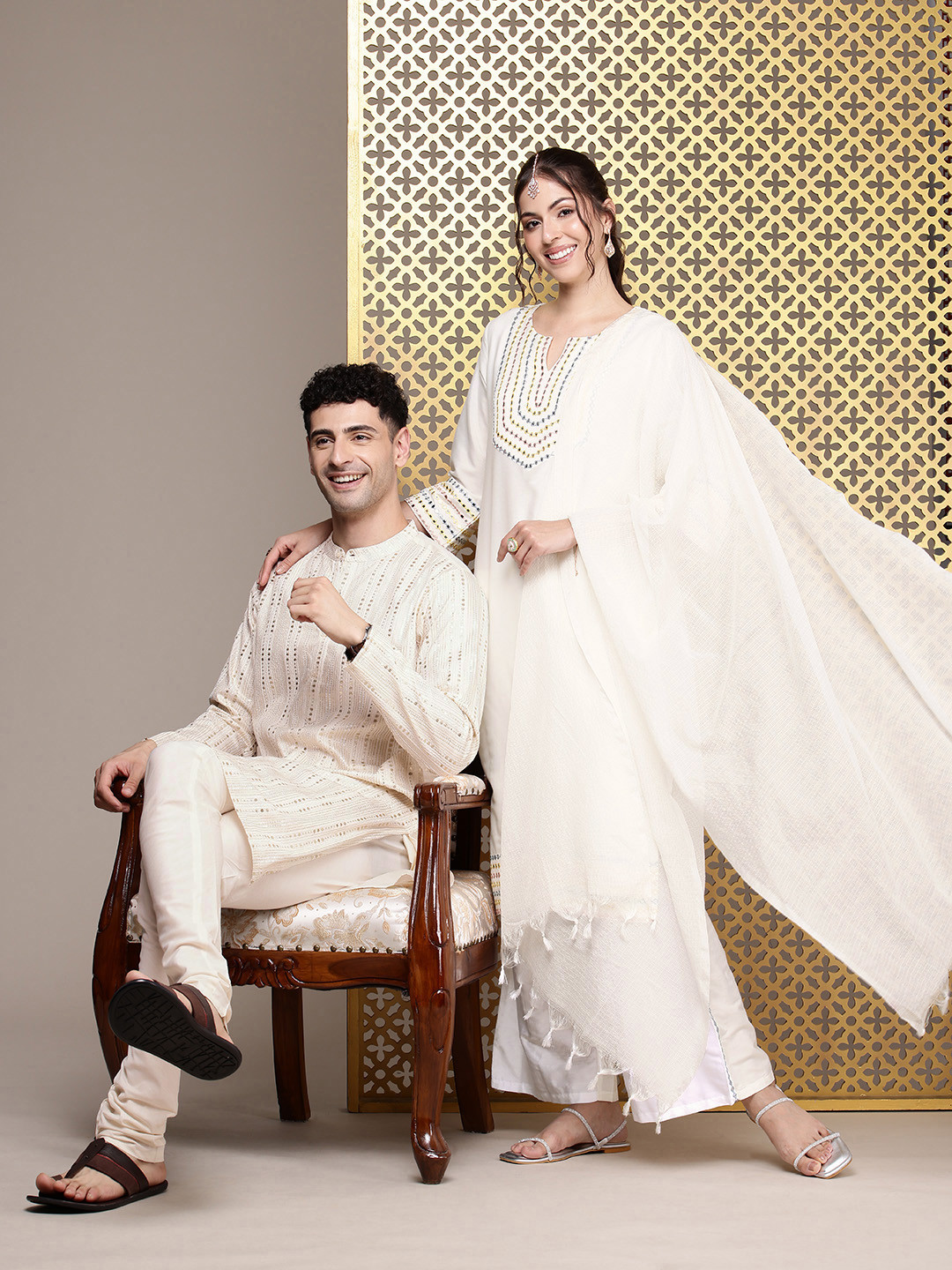 House of Pataudi Embroidered Beads and Stones Jashn Kurta with Palazzos & Dupatta