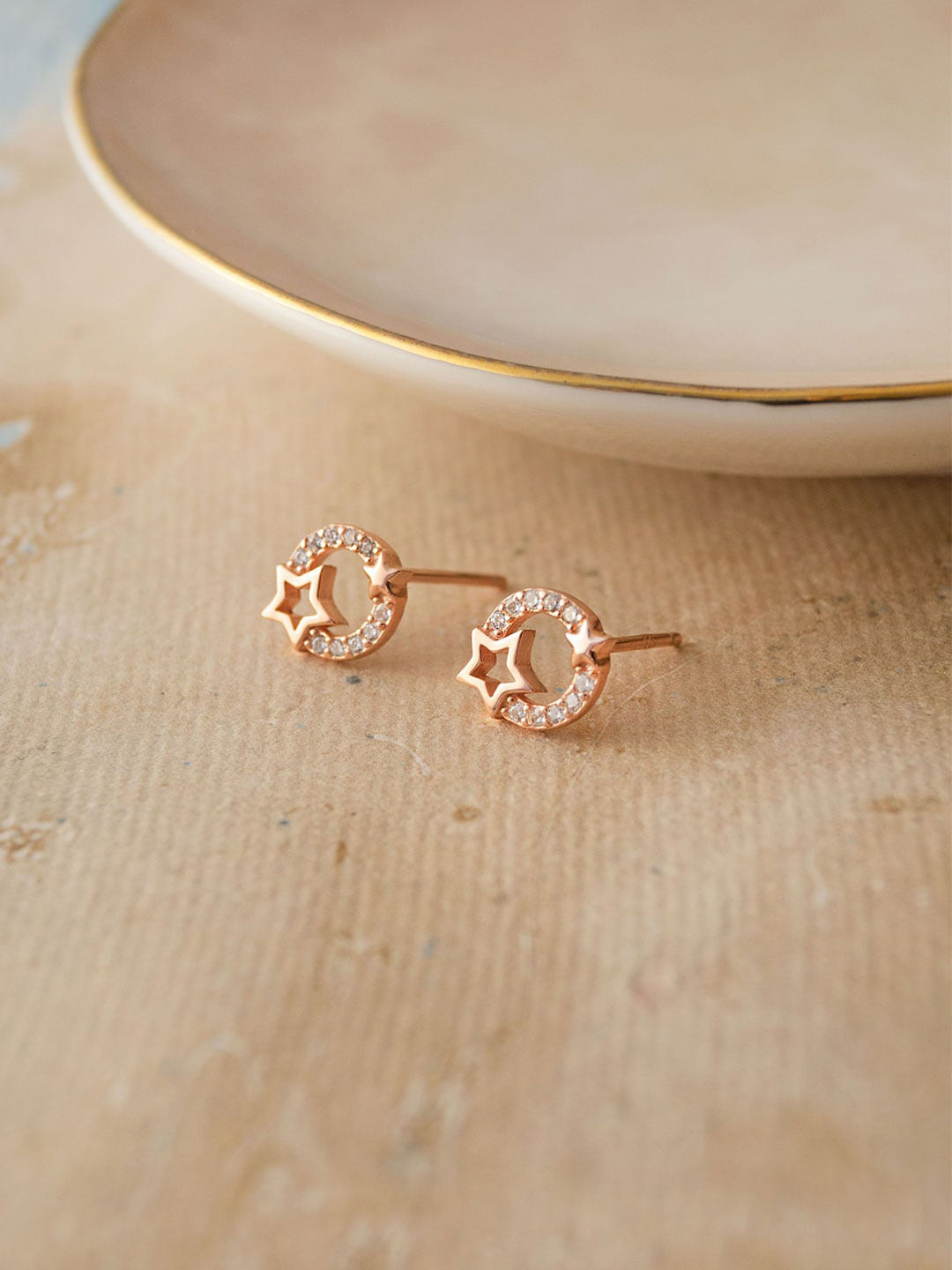 MANNASH Rose Gold-Plated Star Shaped Sterling Silver Cubic Zirconia Studs Earrings