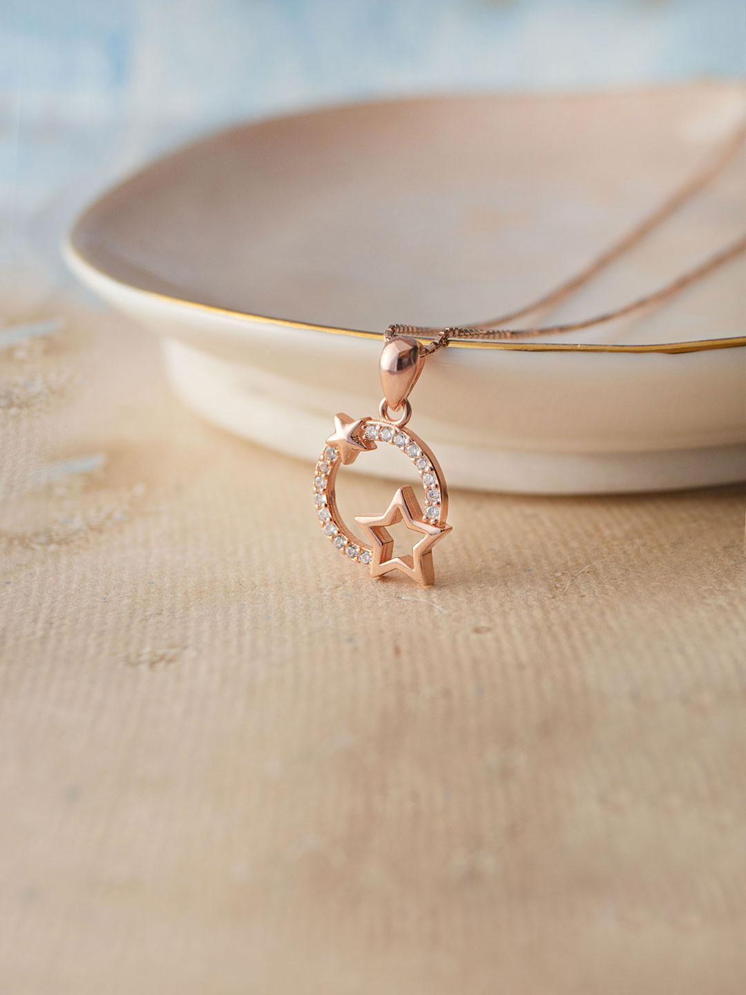 MANNASH Rose Gold Plated Sterling SIlver Stone-Studded Star Orbit Pendant With Chain
