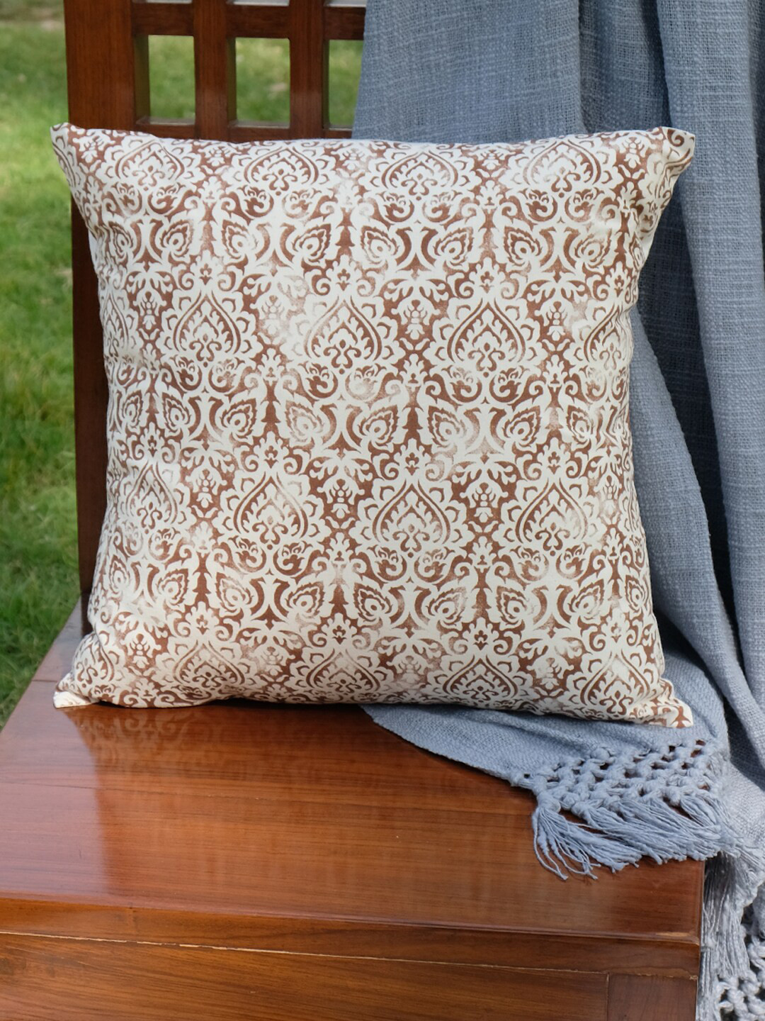 DESIGN GAATHA Light-Weight Cream Floral Cotton Textured Square Cushion Cover -16x16In