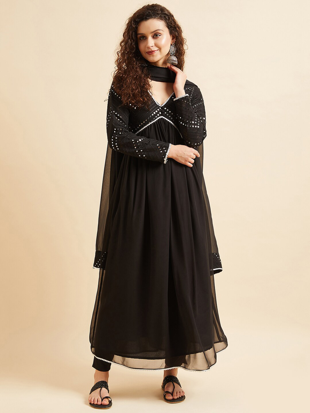 PANIT Black Geometric Yoke Design Empire Mirror Work Anarkali Kurta & Trouser With Dupatta
