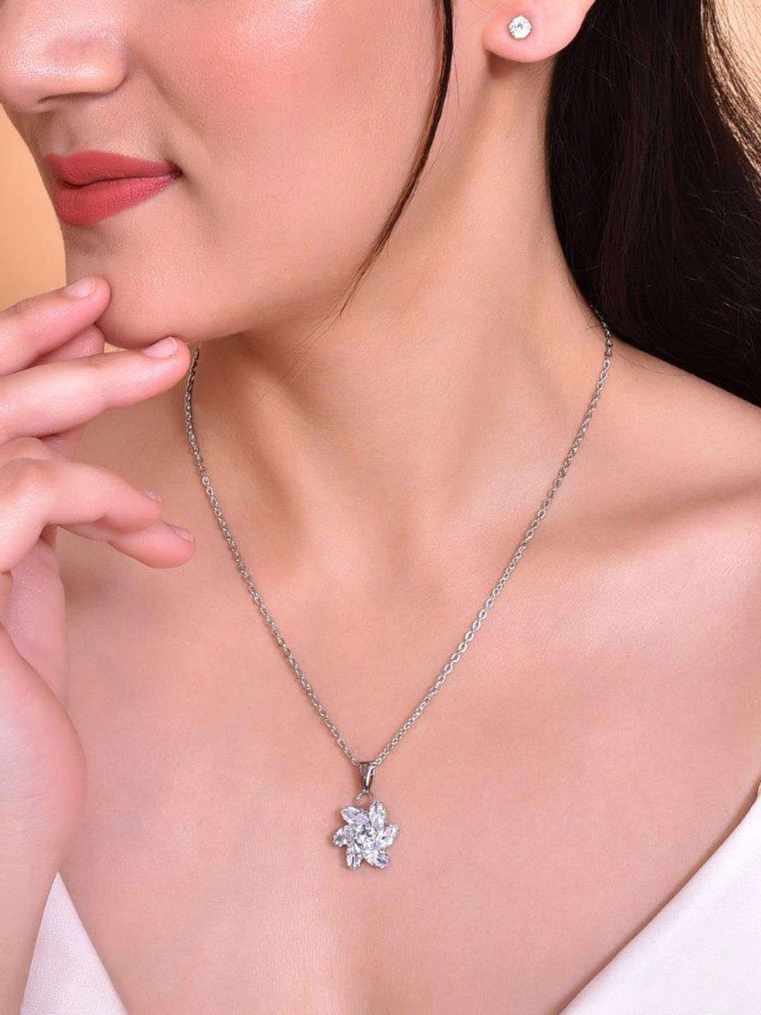 VOJ Stainless Steel Silver Plated Artificial Stones Studded Necklace & Earrings