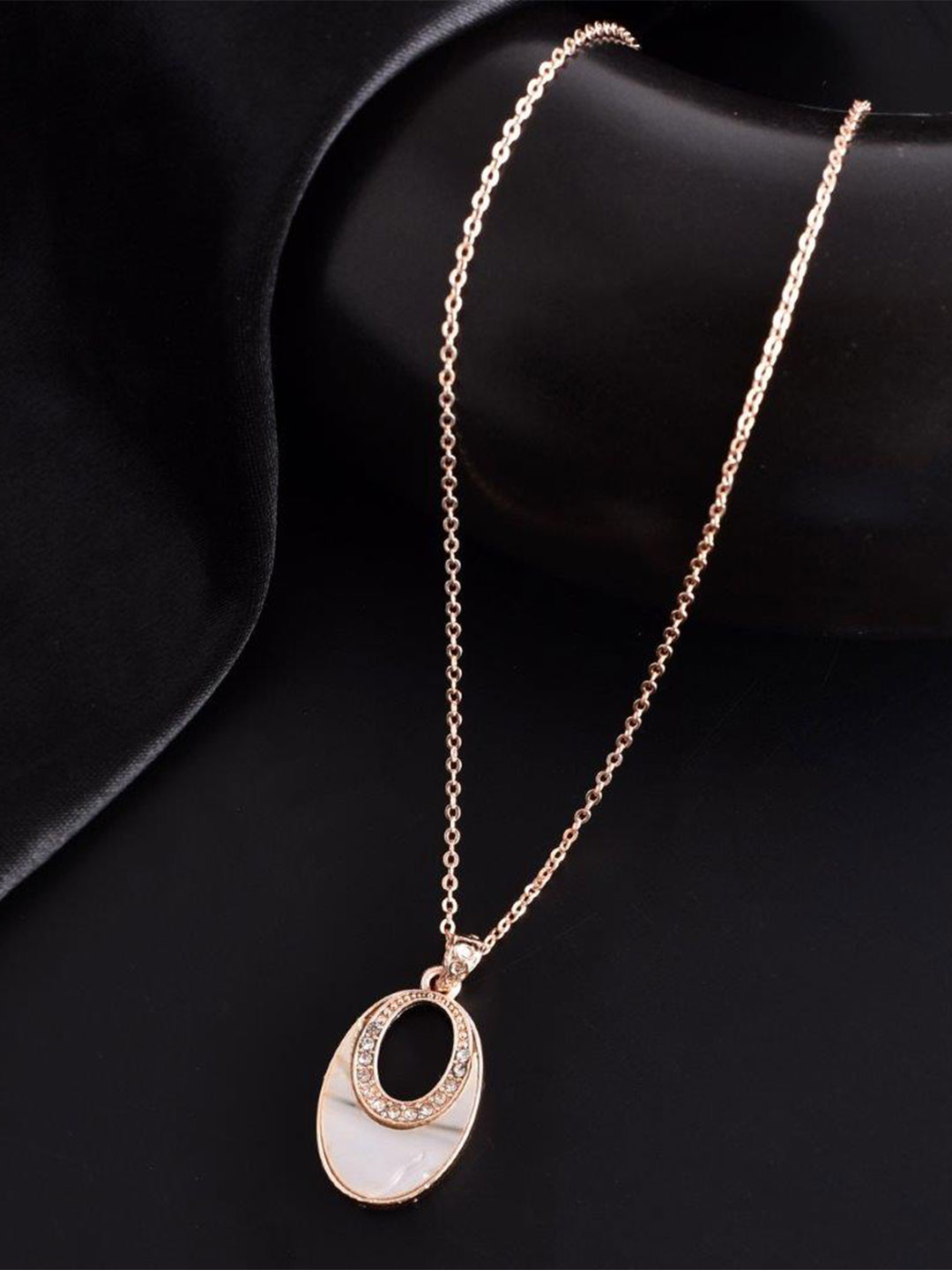 VOJ Rose Gold-Plated Stainless Steel Artificial Stone Studded Oval Pendant with Chain