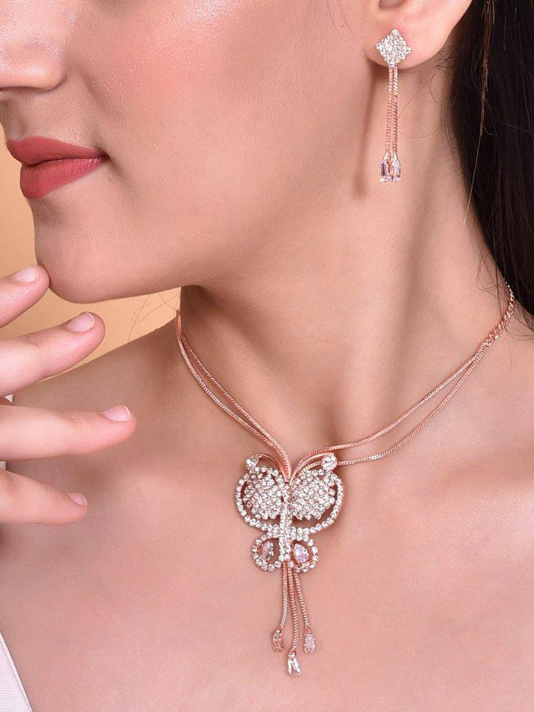 VOJ Stainless Steel Rose Gold Plated Artificial Stones Studded Butterfly Charm Necklace & Earrings