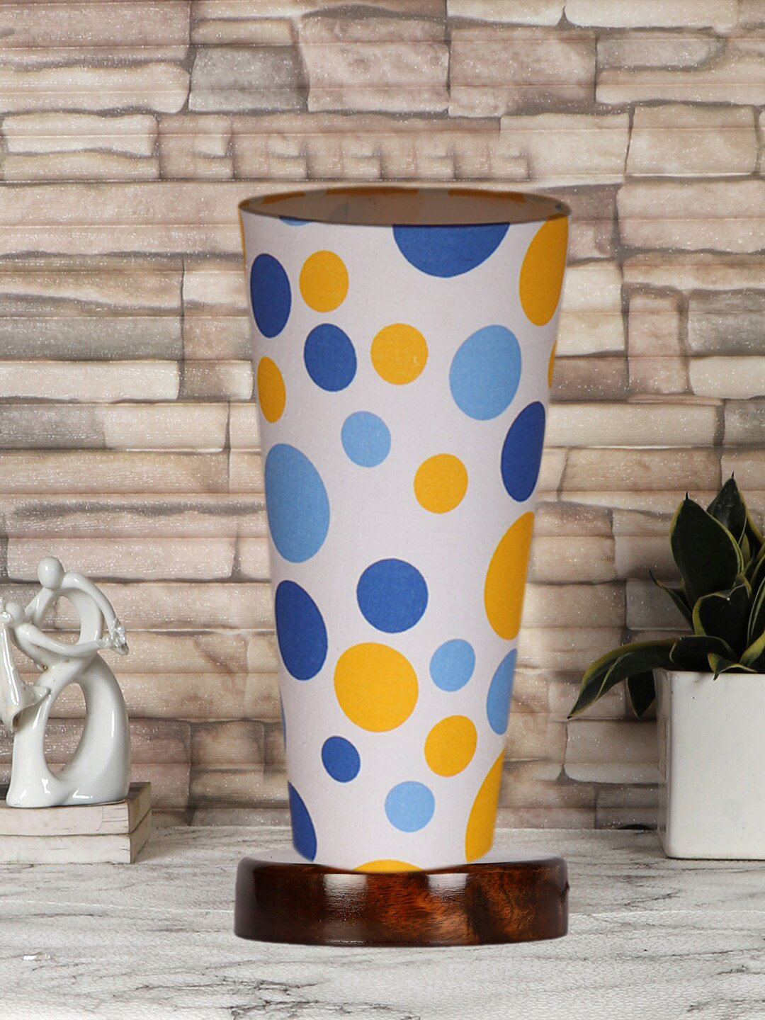 Devansh White & Blue Wooden Geometric Table Lamp