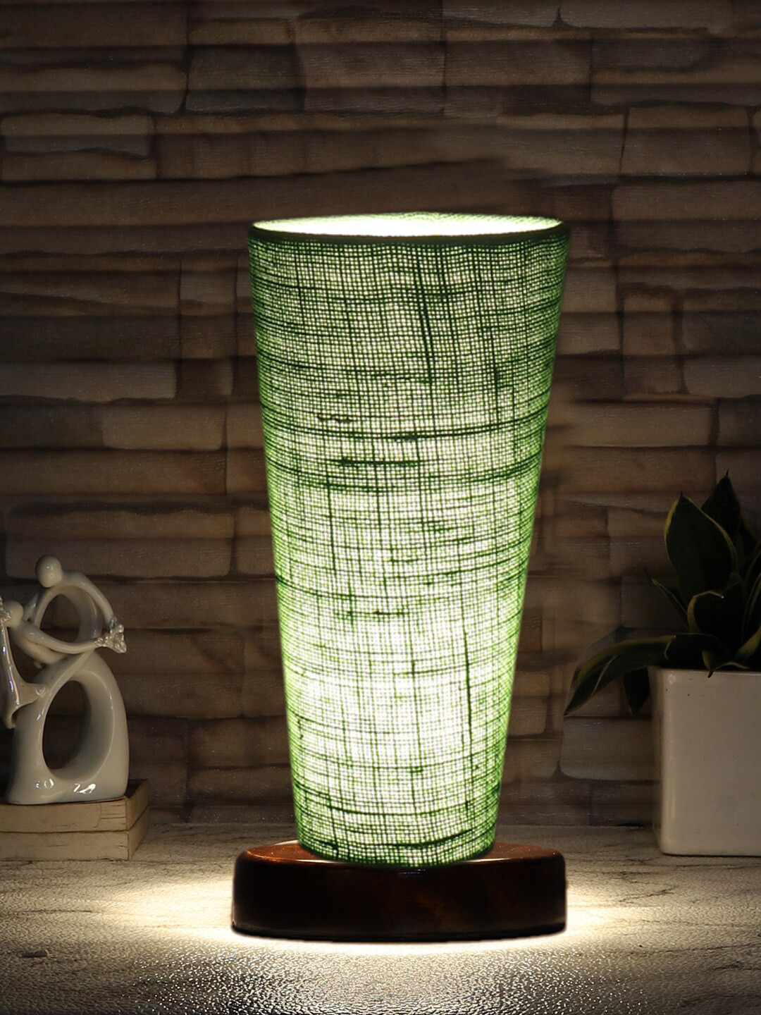 Devansh Green Jute Cylinder Table Lamps With Brown Round Wood Base