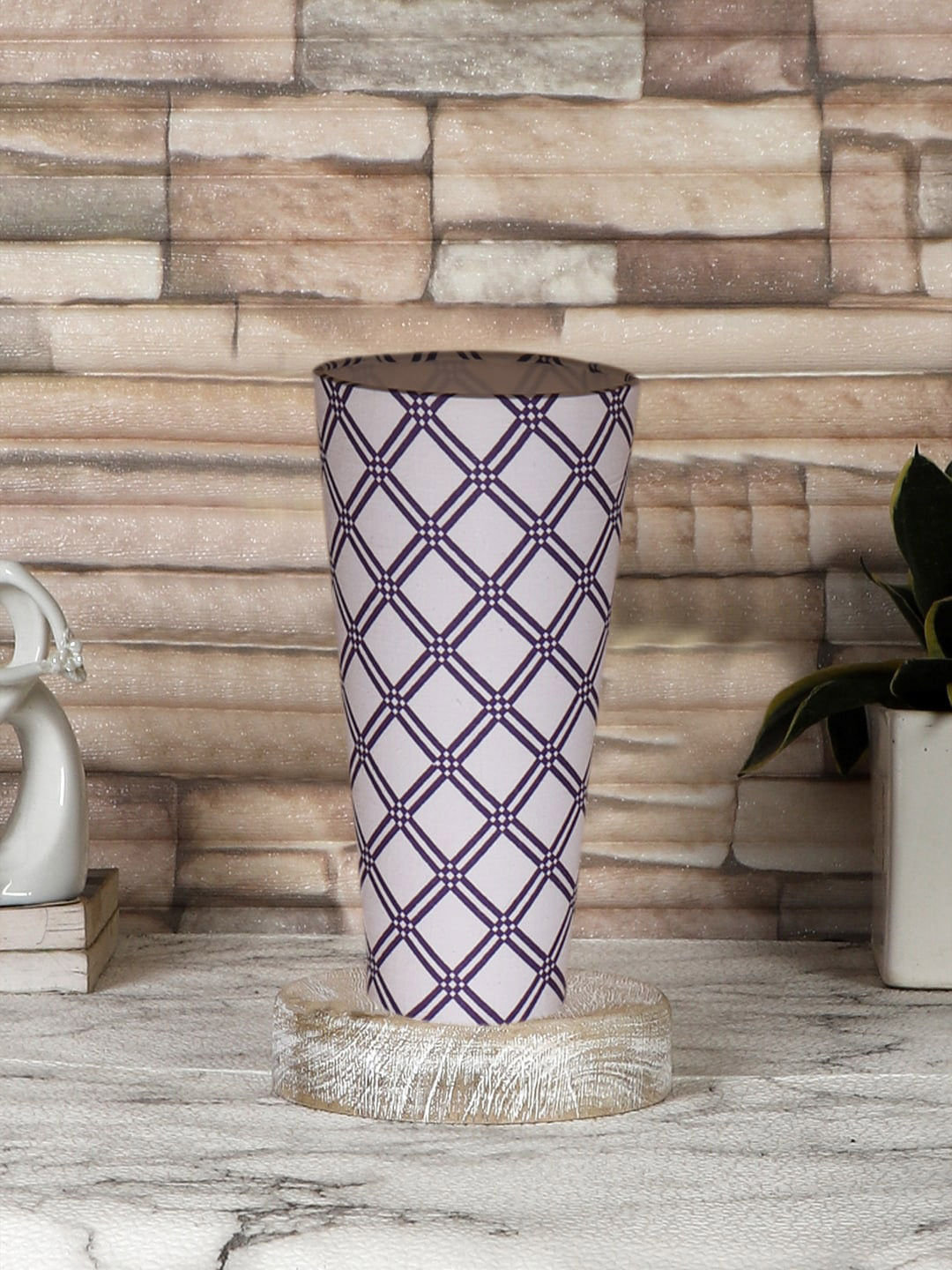 Devansh White & Black Cotton Cylinder Table Lamps With Brown Round Wood Base