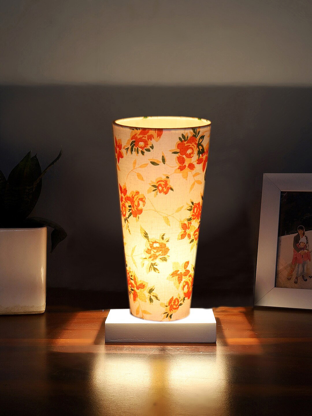 Devansh White Cotton Cylinder Table Lamps With White Square Wood Base