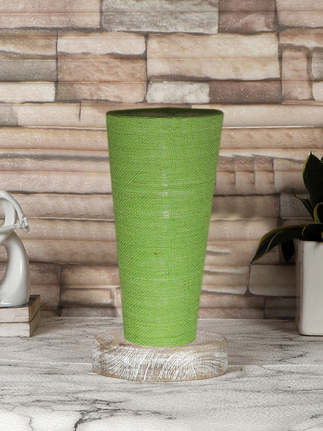 Devansh Green Jute Cylinder Table Lamps With Brown Round Wood Base