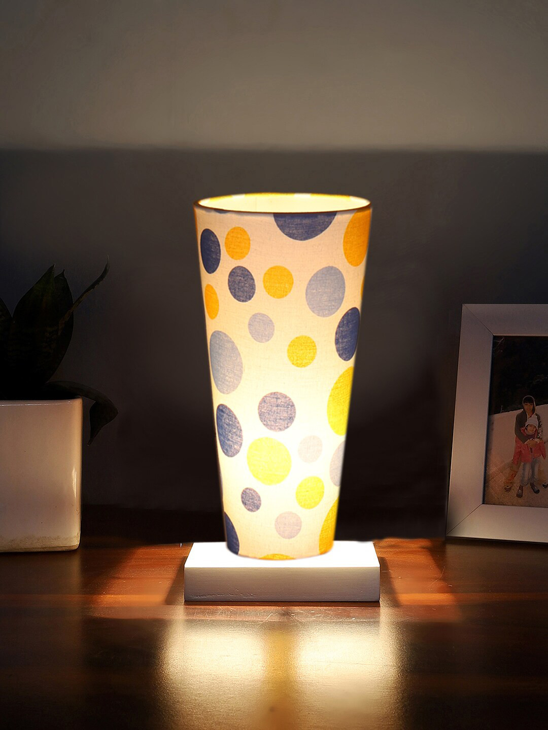 Devansh White Cotton Cylinder Table Lamps With White Square Wood Base