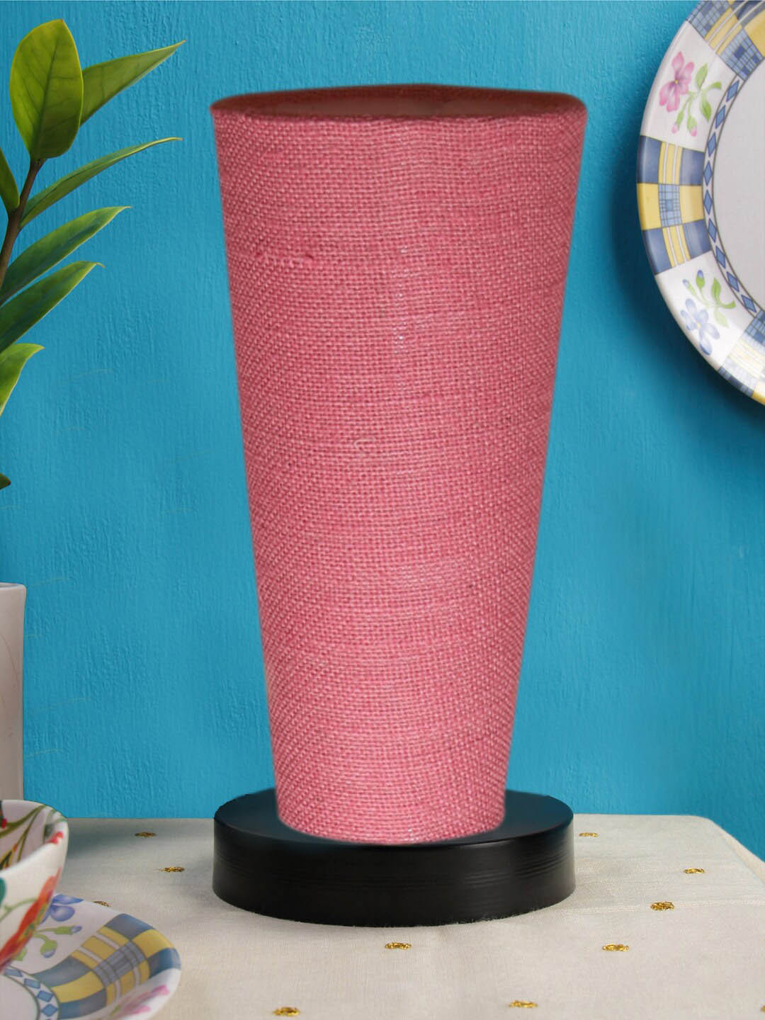 Devansh Pink Jute Cylinder Table Lamps With Brown Round Wood Base