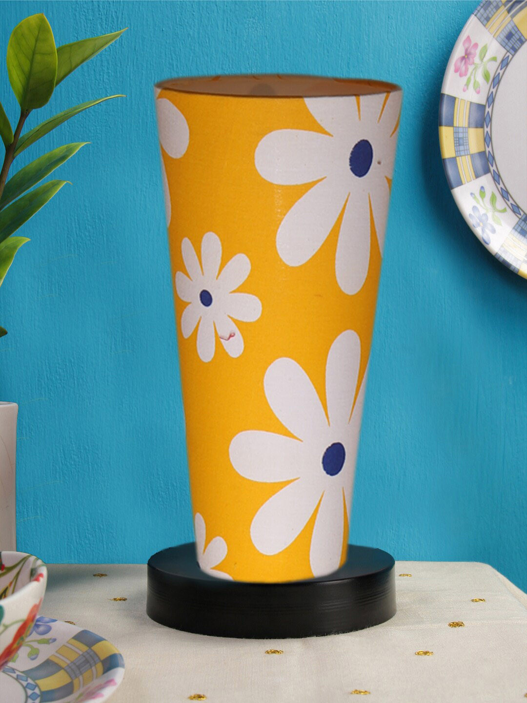 Devansh Yellow Cotton Cylinder Table Lamps With Brown Round Wood Base