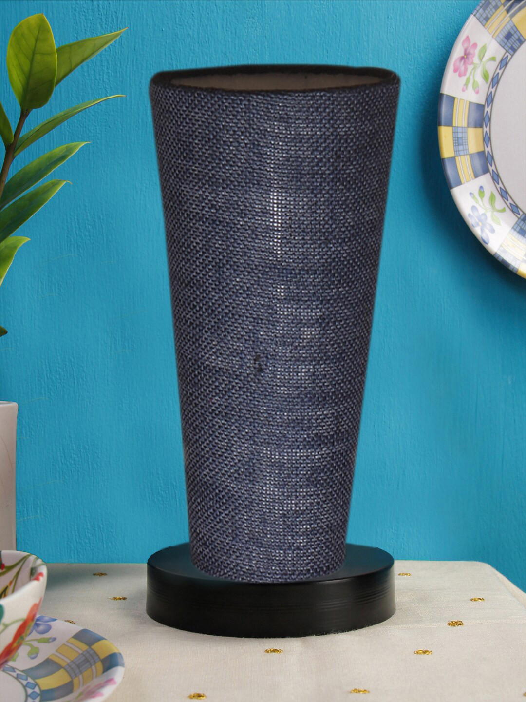 Devansh Blue Jute Cylinder Table Lamps With Brown Round Wood Base