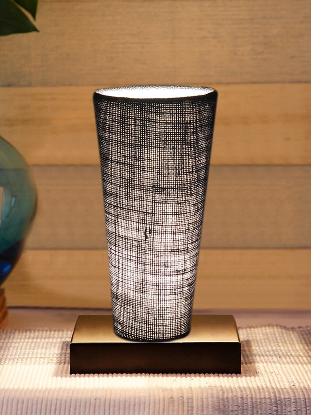 Devansh Blue Jute Cylinder Table Lamps With Brown Square Wood Base