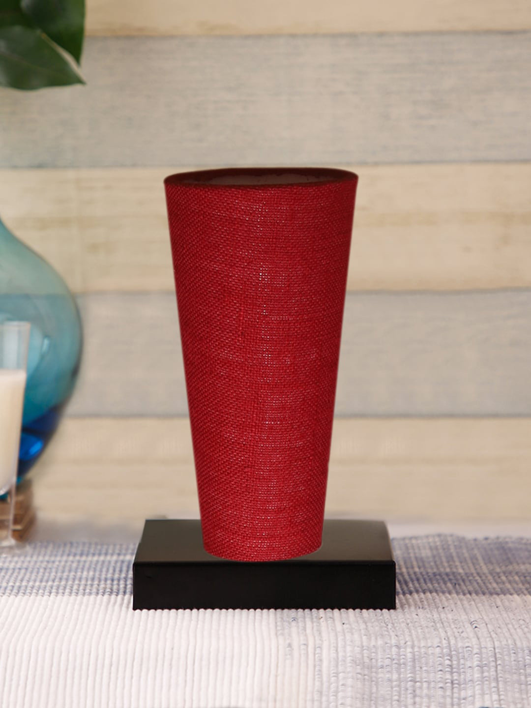 Devansh Maroon & Black Jute lamp with Square Wooden baseTable Lamps