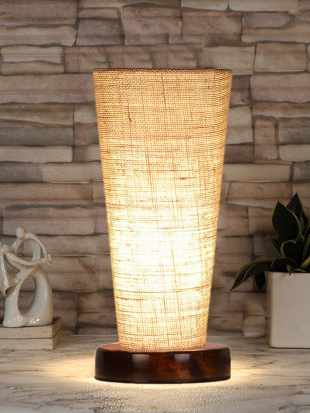 Devansh Beige Jute Cylinder Table Lamps With Brown Round Wood Base