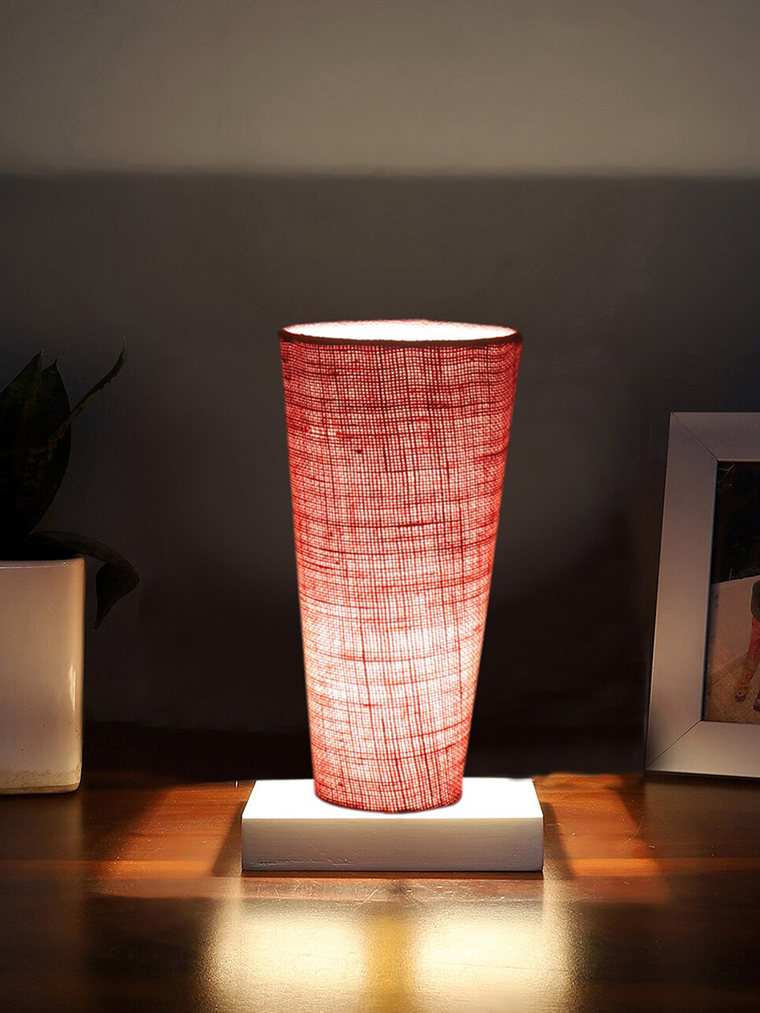Devansh Pink and White Jute lamp with Square wooden base Table Lamps