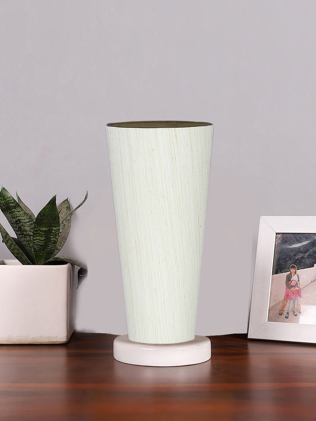 Devansh Off White Cotton Cylinder Table Lamps With White Round Wood Base