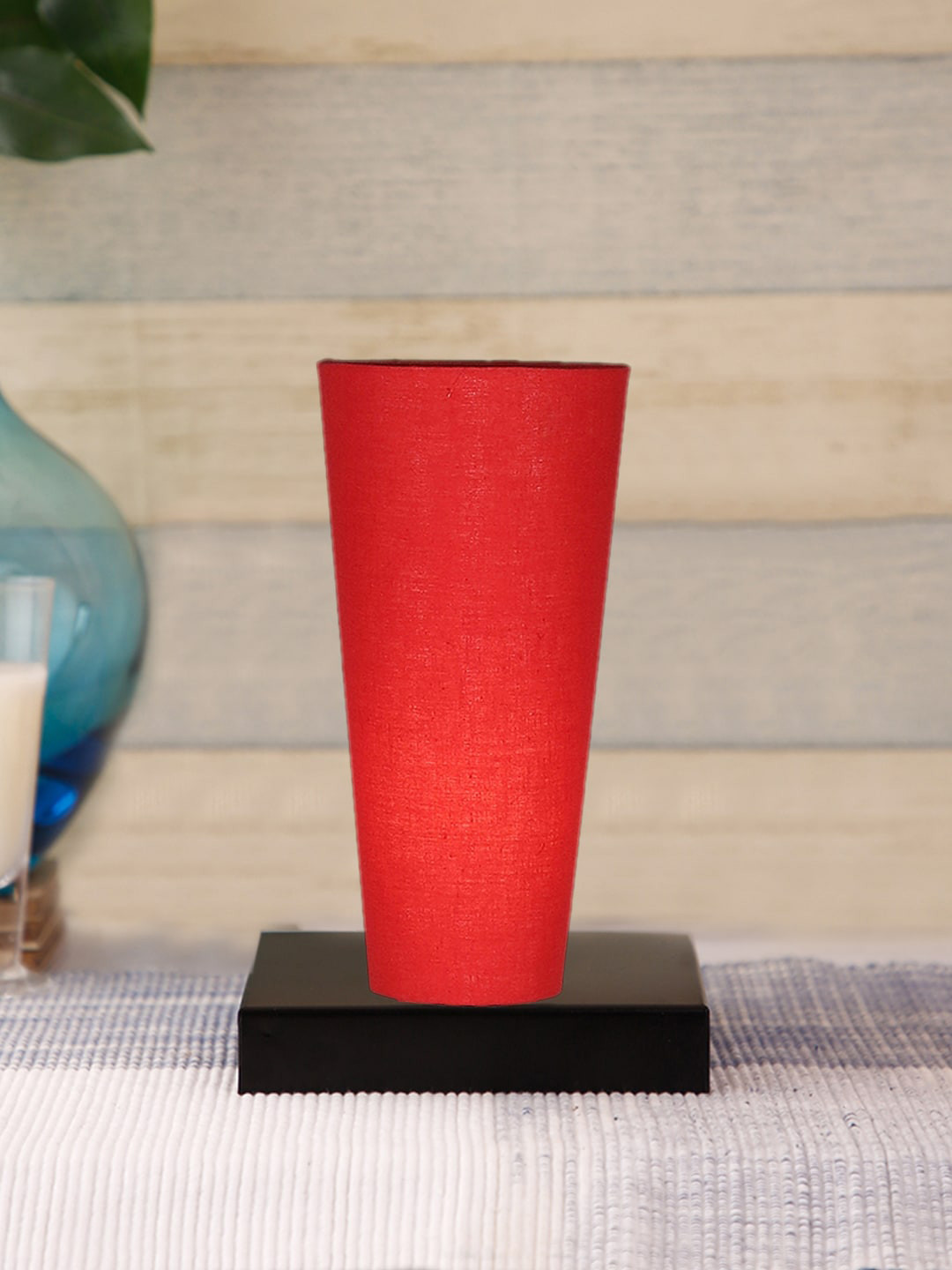 Devansh Red Cotton Cylinder Table Lamps With Black Square Wood Base