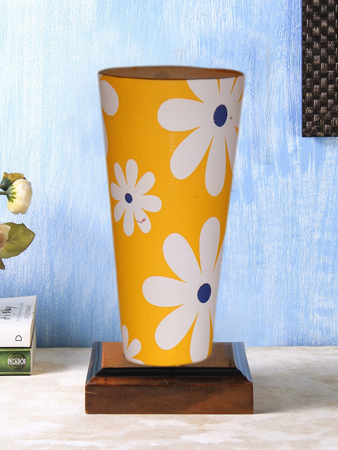 Devansh Yellow & White Cylinder Table Lamps With Brown Square Wood Base